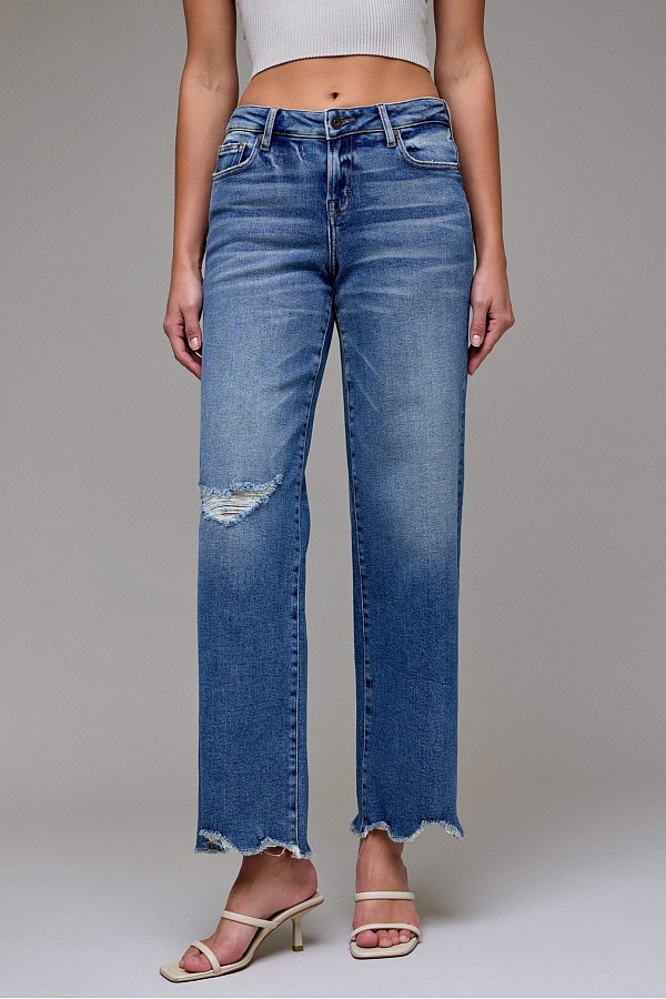 Medium Wash Chewed Hem Stretch Low Rise Dad Jean